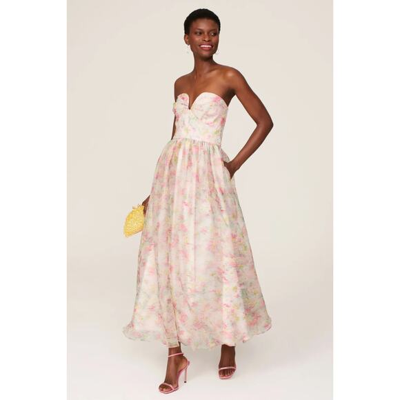 ML Monique Lhuillier Floral Organza Strapless Pink Midi Dress Sweetheart, Size 4 - Picture 1 of 16